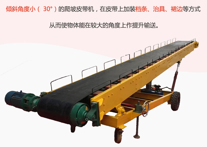 傾斜角度?。?30°）的爬坡皮帶機(jī)，在皮帶上加裝檔條、治具、裙邊等方式從而使物體能在較大的角度上作提升輸送。